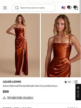Azazie Auburn Metallic Satin Strapless Gown